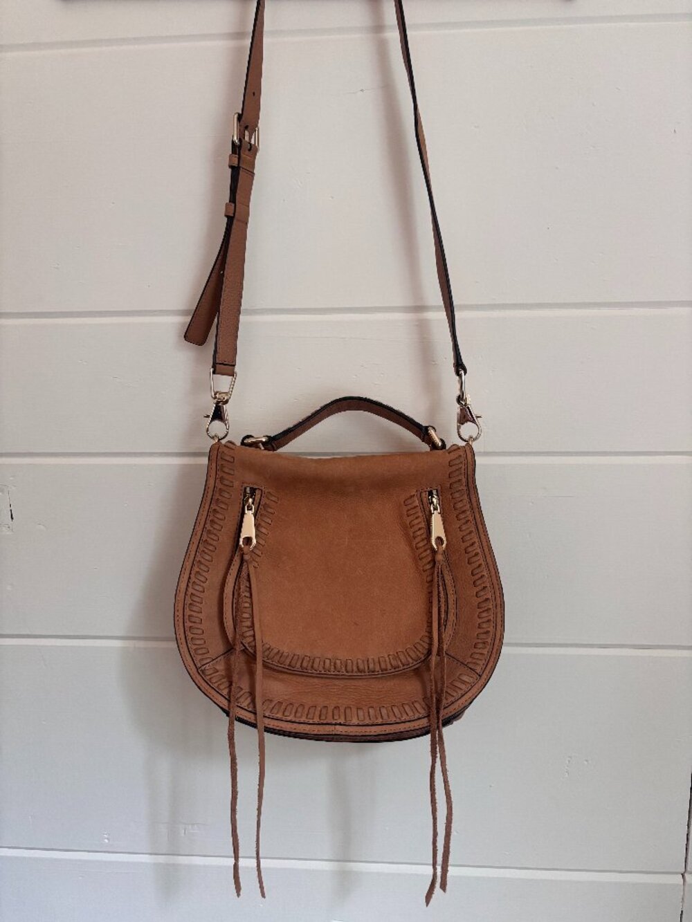 Rebecca Minkoff Small Whipstitch Leather Saddle Bag Tan Crossbody + Top Handle